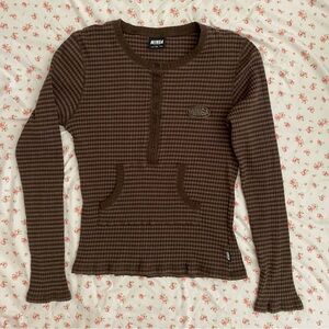 Minga London long sleeve brown striped top w/half button placket & pouch pocket